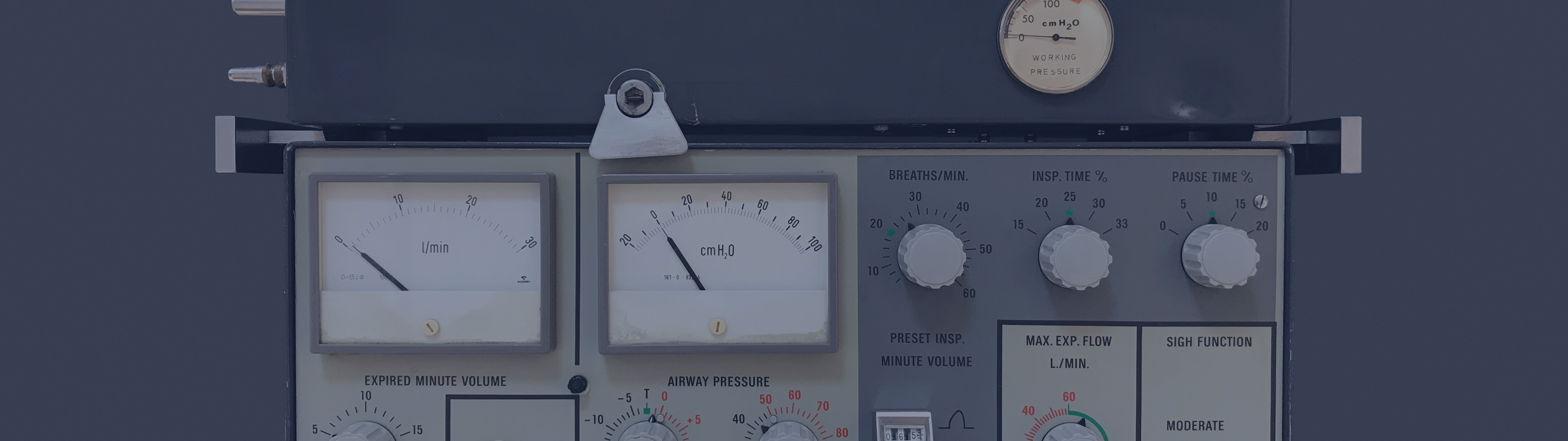 The very first Getinge Servo 900 prototype mechanical ventilator showing expired minute volume and airway pressure dials The very first Getinge Servo 900 prototype mechanical ventilator showing expired minute volume and airway pressure dials