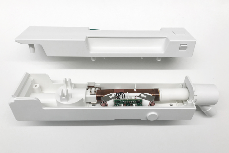 Getinge Servo-i Ultrasonic Expiratory Flow Sensor showing top of casing removed to reveal internal Ultrasonic Oxygen Sensor 