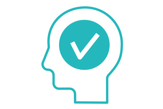 Outline of a human head with a checkmark inside, symbolizing approval or correct thinking.
