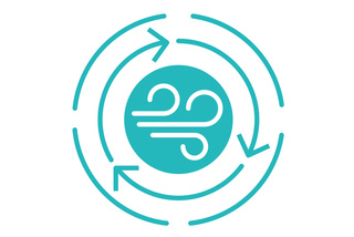 Teal circular arrows around a wind symbol, indicating airflow or recycling concept.