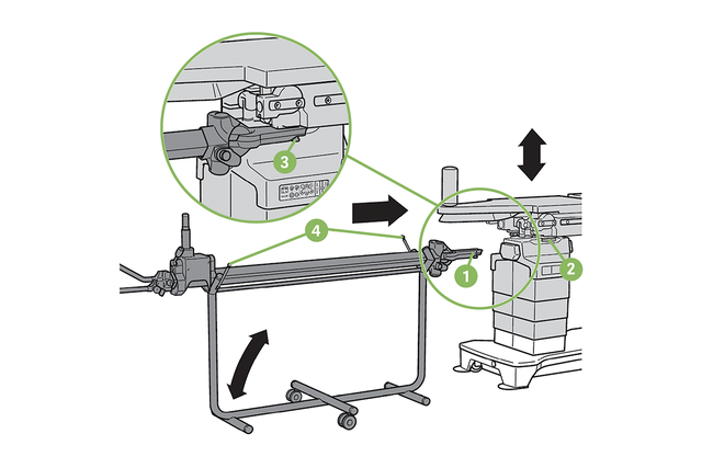 Diagram of a mounted saw with labeled components, arrows indicating movement directions, and close-up details.