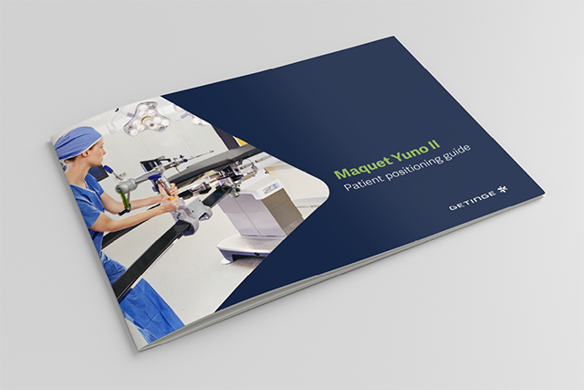 Brochure titled Maquet Yuno II Patient Positioning Guide with a nurse adjusting medical equipment.