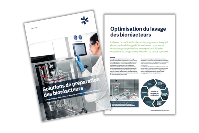 Livre blanc sur les solutions de préparation des bioréacteurs de getinge avec une photo de laboratoire et une page textuelle avec une photo de bioréacteurs et un schéma d'optimisation du nettoyage.